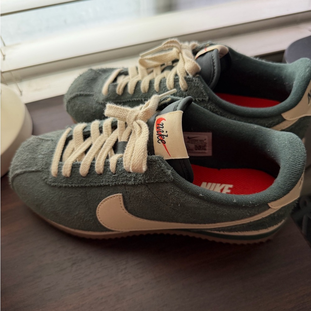 Nike Cortez Suede Sneakers in Dark Green & Cream with Red Insole